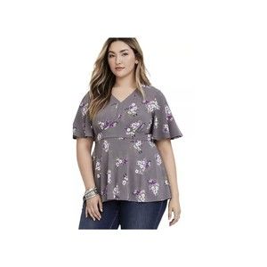 Torrid 4 Gray with Purple Floral V-neck Peplum Short Flutter Sleeve Blouse